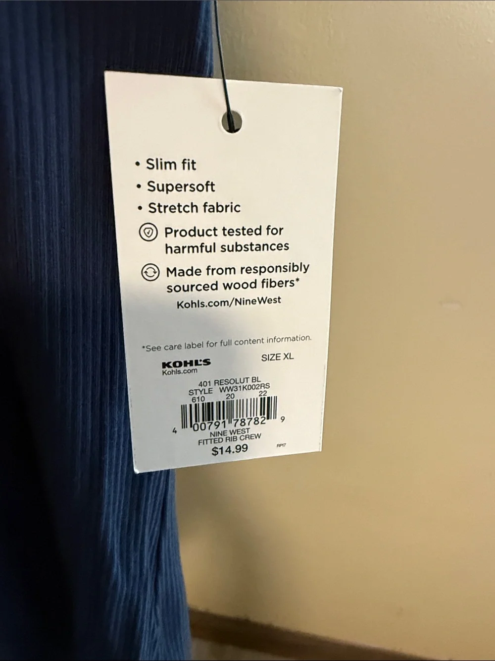 Nine West Navy Ribbed Crewneck Short Sleeve Top - Picture 3 of 3